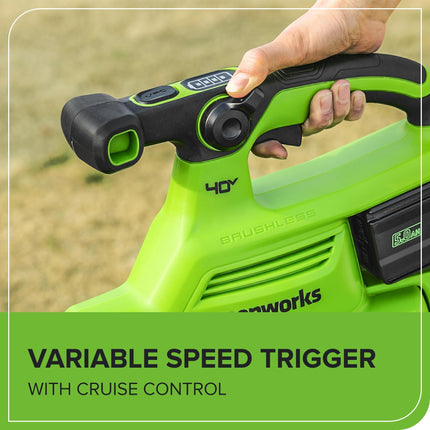 Soplador/Aspirador de Hojas Inalámbrico sin Escobillas Greenworks 40V (370.1 km/h / 14.3 m³/min) con Bolsa, Alta Potencia, Ligero y Silencioso para Limpieza de Residuos de Jardín, Incluye Batería de 5.0Ah y Cargador