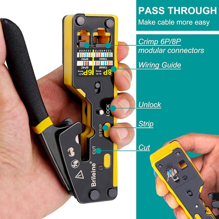 Brileine RJ45 Crimp Tool Pass Through Crimper for RJ45 Connectors / Cat6 Cat6a Cat5 Cat5e Connector Ethernet Crimper Tool with Mini Cable Stripper