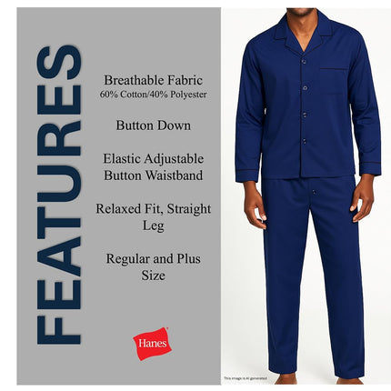 Hanes Men's Woven Plain-Weave Pajama Set Navy Heather