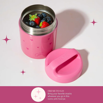 Paris Hilton Stainless Steel Food Jar, Double Wall Vacuum Sealed Insulated Food Storage Container with Carry Handle Lid, 12-Ounce, Pink with Heart Design