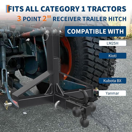 Tractor 3 Point Quick Hitch - 2" Receiver & 4-Way Ball Mount for Tractor Standard Category 1, 10,000Lbs Capacity 3 Point Trailer Hitch for Implements/Trailers