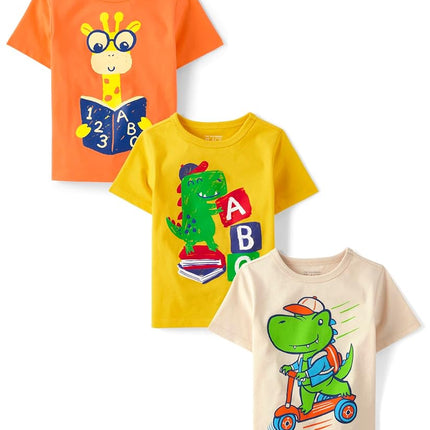 The Children's Place T-shirt graphique éducatif à manches courtes pour bébé garçon, lecture/ABC/Dinosaure Skooter, lot de 3, 3T