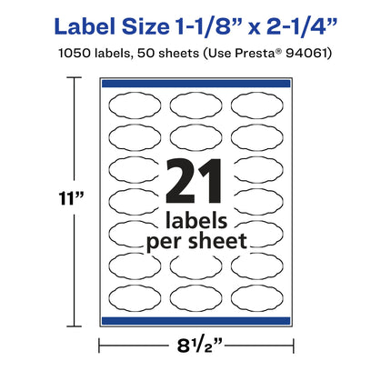 Avery Matte White Removable Oval Scalloped Labels with Sure Feed Technology, Print-to-The-Edge, 1-1/8" x 2-1/4", 1,050 Removable Labels, Laser/Inkjet Printable Labels