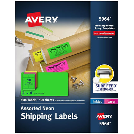Avery Printable Shipping Labels with Sure Feed, 2" x 4", Assorted Neon (Magenta, Green and Yellow), 1,000 Blank Mailing Labels (5964)