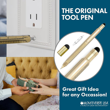 MONTEVERDE USA 9-in-1 Tool Mechanical Pencil in Brass – Hand-Machined Multifunctional Pencil with Stylus, Screwdrivers, Ruler, and Eraser – Exclusive Collection Ideal Engineers