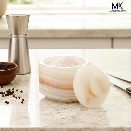 Marble Salt Cellar 3 Inch White Onyx Salt Holder with Lid for Spice Jar & Stone Salt Container, Modern Sugar Bowl