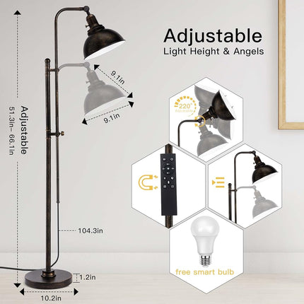 Lampadaire industriel réglable PARTPHONER, lampe de lecture rustique de style ferme à finition noire vieillie, lampadaire moderne avec télécommande et abat-jour en métal pour salon, chambre, bureau, hôtel