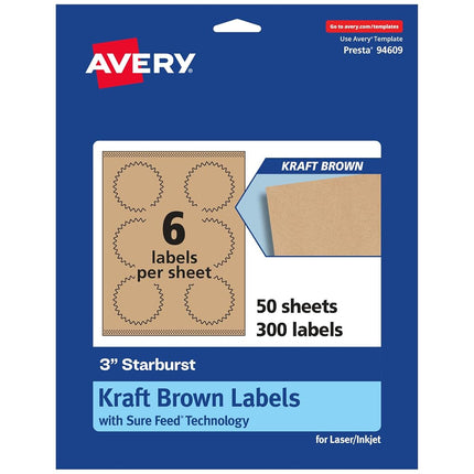 Étiquettes Avery Étoile kraft marron avec alimentation fiable, 7,6 cm, 300 étiquettes kraft marron, impression bord-à-bord, compatibles imprimantes laser/jet d'encre