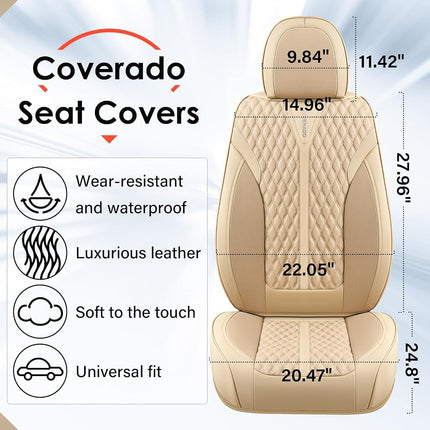 Coverado Car Seat Covers Full Set, Waterproof Nappa Leather Seat Covers for Cars, Front and Back Car Seat Protector, Luxury Car Seat Covers, 5 Seats Universal Beige Car Seat Cover Fit for Most Cars