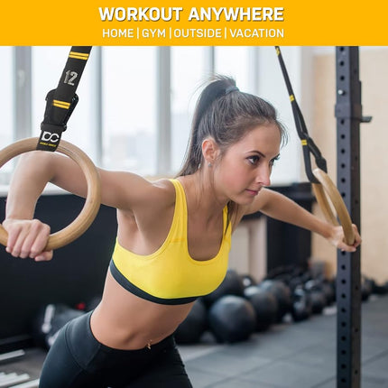 Double Circle Wood Gymnastics Rings with Quick Adjust Numbered Straps and Exercise Videos Guide - Full Body Workout Rings, Calisthenics, Home Gym