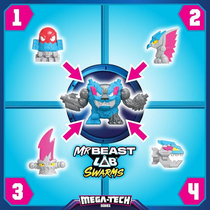 MrBeast Lab Swarms MEGA‑TECH Series: Step Out of the lab and Prepare for Battle. Collect Over 80 Unique Swarms.Fourteen Pack Includes 13 Micro Beasts, 1 MEGA Swarm & Collector Guide.