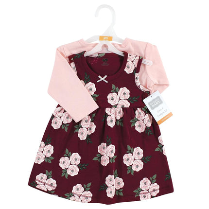 Hudson Baby Baby Girls' Cotton Dress and Cardigan Set, Burgundy Floral, 3T