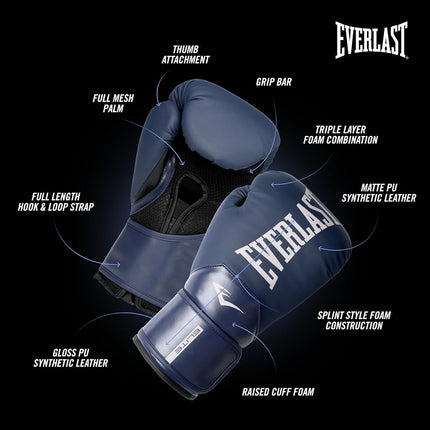 Everlast Elite 2 16oz Boxing Gloves, Navy Boxing Gloves for Bags, Mitt Work & Sparring, Hook and Loop Strap, Ergonomic Grip Bar, Split-Style Foam Combination - Authentic Everlast Gear