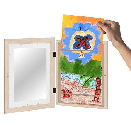 Americanflat Kids Artwork Display Frame Changeable (Light Wood) - Magnetic Door Holds 100 Art Pieces - A4 Size Display with Mount or 10x12.5 Without Mount - My Mini Masterpiece