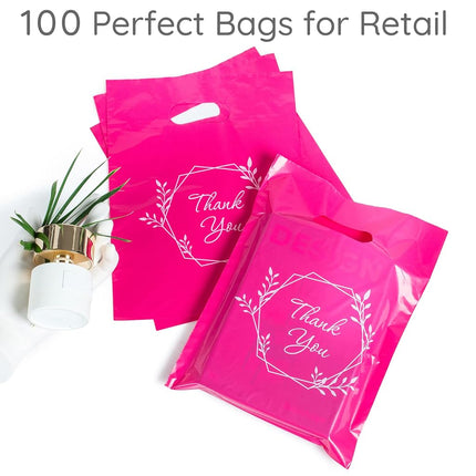 100 Pink Thank You Bags 1.5Mil Merchandise Bags 23cm x 30cm (9”x12”) and Pink Bags for Small Business Extra Thick Glossy Pink Retail Bags and Thank You Bags with Handles and Plastic Bags