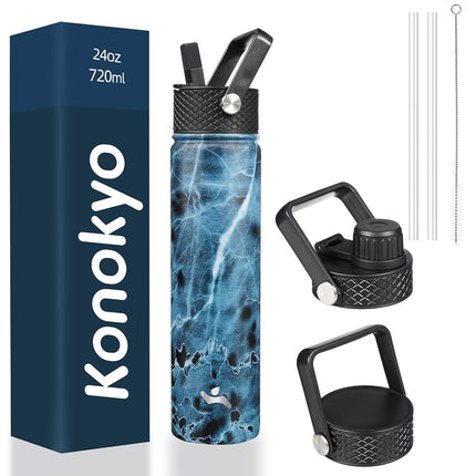 Konokyo Insulated Water Bottle with Straw,24oz 3 Lids Metal Bottles Stainless Steel Water Flask,Marble Ocean