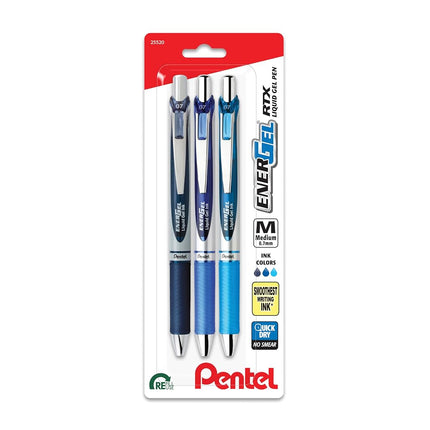 Stylo gel liquide rétractable EnerGel RTX, 0,7 mm, teintes pour prendre des notes, encre bleu marine, bleu et bleu ciel, paquet de 3 stylos (BL77LBNBP3M)