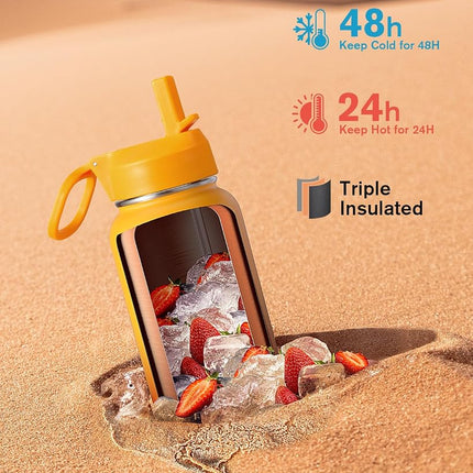 Water Bottle 32 oz Insulated with Straw, Coolflask Stainless Steel Metal 3 Lids Water Flask Wide Mouth for Sports or Office, Non-BPA Keep Cold Up to 48 Hrs or Hot Up to 24 Hrs, Ombre Yellow/Orange