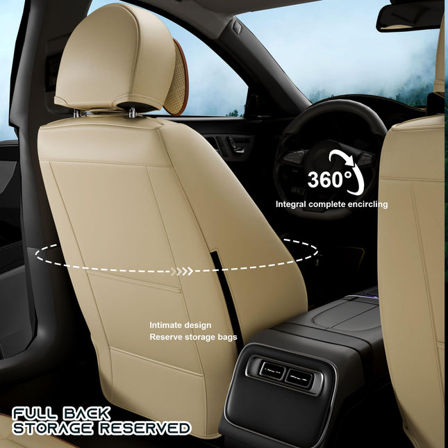 SLARY 5PCS Angel Wings Front and Back Car Seat Covers Auto Interior Accessories with Water Proof Nappa Leather for Cars SUV Pick-up Truck Universal Comfortable and Breathable (Full Set, Beige)