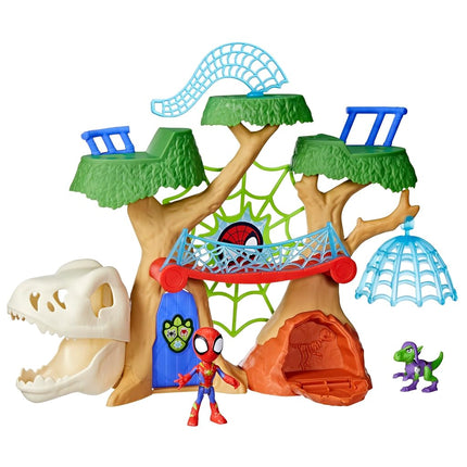 SPIDEY AND HIS AMAZING FRIENDS Marvel Dino Webs Tree House Playset, Spider-Man & Goblin Raptor, 4-Inch Action Figure Set, Ages 3+