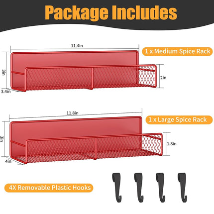 Magnetic Spice Rack for Refrigerator, 2 Pack 100% Metal Strong Magnet Shelf, Space Saving Spice Organizer W/ Hooks, Movable Magnetic Fridge Shelf, Kitchen Home Laundry Room Storage Organization, Red