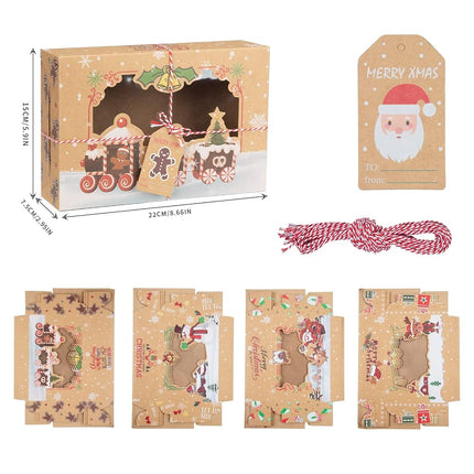 Lot de 12 boîtes à biscuits de Noël, boîtes à friandises pliables avec fenêtre, pour pâtisseries, cupcakes, bonbons et cadeaux, boîtes de boulangerie en kraft de qualité alimentaire, boîtes à biscuits Renne Père Noël, style A