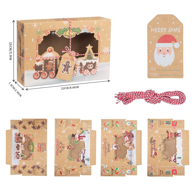 12 Cajas de Navidad para Galletas, Caja Plegable para Dulces con Ventana, para Pasteles, Magdalenas, Caramelos y Regalos, Cajas de Panadería de Kraft Aptas para Alimentos, Cajas de Galletas de Reno y Santa, Estilo A