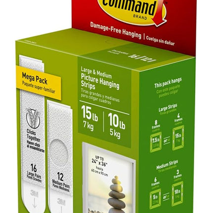Command 3M Picture Hanging Strips – Removable Hanging Strips for Large Picture Frames – Value Pack - 4 Pairs (Medium), 8 Pairs (Large)