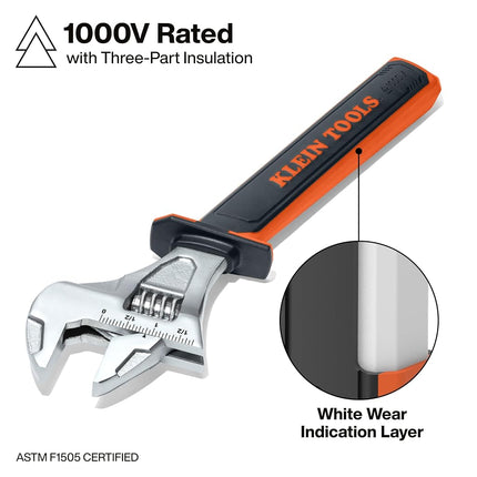 Klein Tools 47130INS Insulated Adjustable Wrench, 12-Inch, 1000V Rated, ASTM F1505 Certified, Class 2 Glove Compatible, Laser-Etched Jaw Markings