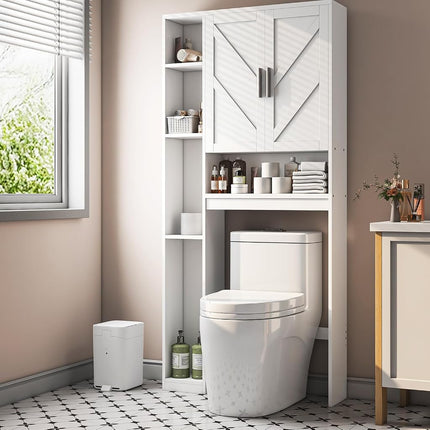 Armario de almacenamiento para encima del inodoro con 7 estantes de almacenamiento, organizador de baño para encima del inodoro con soporte para papel higiénico, armario detrás del inodoro, ahorro de espacio para el baño, la lavandería, blanco