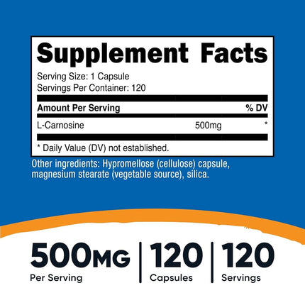 Nutricost L-Carnosine 500mg, 120 Capsules - Veggie Capsules, Non-GMO, Gluten Free, Muscle Function & Strengthening