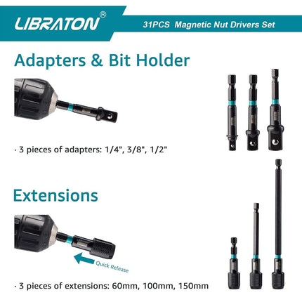 Libraton 31PCS Magnetic Nut Driver Set, Impact Drill Driver Bit Set 1/4", Metric and SAE Nut Driver, Screwdriver Bits, Impact Socket Adapters, Bit Holder, Quick-release Extensions with Storage Bag