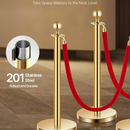 VEVOR Stanchion Post, 4 Pcs Crowd Control Barrier Set with 2 Red Velvet Ropes, 5 ft Stainless Steel Gold Stanchion Post Queue with Sand Injection Hollow Base for Theater, Party, Wedding, Exhibition