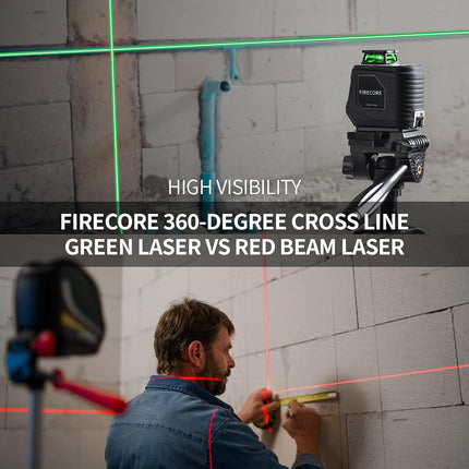 Firecore 360° Laser Level with Tripod, 30m Self Leveling Laser Level Green Cross Line Laser Leveler Tool for Picture Hanging Wall Tile Floor Construction, 1.5m Compact Tripod & Carry Pouch Included