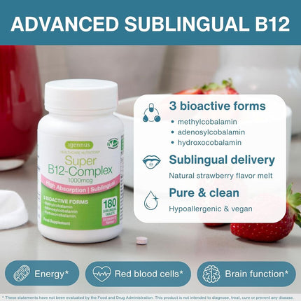 Super B12-Complex 1000mcg, High Absorption Sublingual Vitamin B12 in Three Bioactive Forms with Methylcobalamin, Vegan, 180 Tablets
