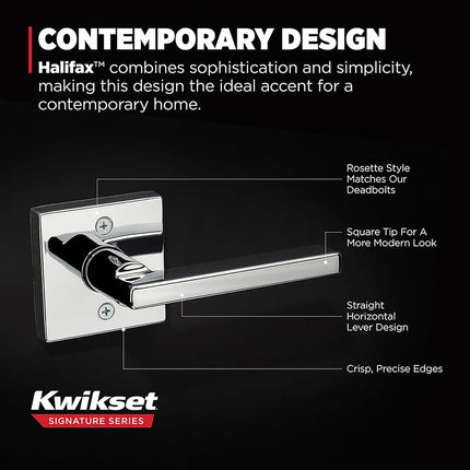 Kwikset Halifax Dummy Door Handle, Single Sided Lever for Closets, French Double Doors, and Pantry, Polished Chrome Non-Turning Reversible Interior Push/Pull Lever, Square Rose