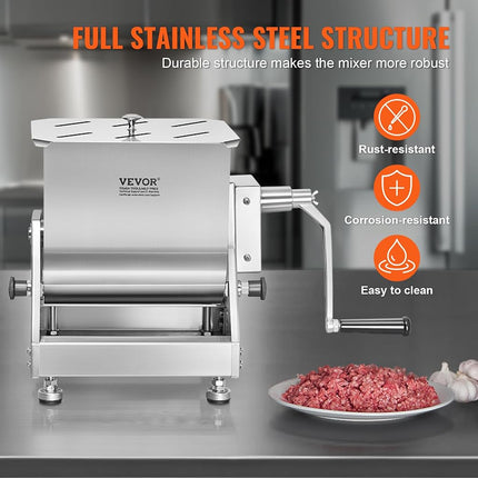VEVOR Manual Meat Mixer, 30L Tilt Tank – Heavy Duty Stainless Steel Hand Mixer for Ground Beef & Sausage, Max 45lb Mixing Meat Capacity, with Lid Handle