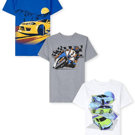 The Children's Place Camisetas gráficas de manga corta con vehículos para niños, paquetes múltiples, coches de carreras/coche de carreras/motocicleta, X-Small