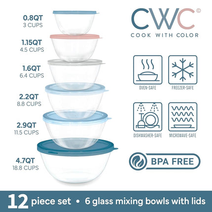 Cook with Color 12 Pc Glass Mixing Bowl Set with Lids – Borosilicate Glass Nesting Bowls for Cooking, Baking and Meal Prep, Blue/Pink