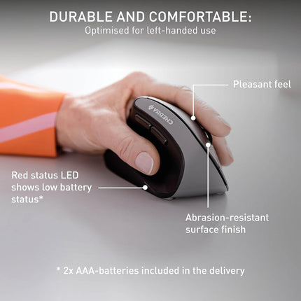 CHERRY MW 4500 LEFT, Ergonomic Vertical Mouse for Left-Handers, Wireless (2.4 GHz RF), 3-Stage Adjustable Resolution up to 1200 Dpi, Battery-Powered, Black