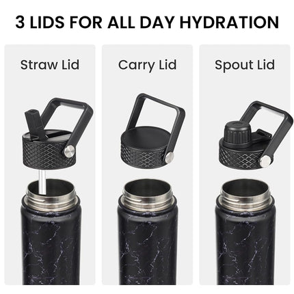 Konokyo 40oz Insulated Water Bottle Sport Stainless Steel Water Bottles with 3 Lids,Marble Midnight