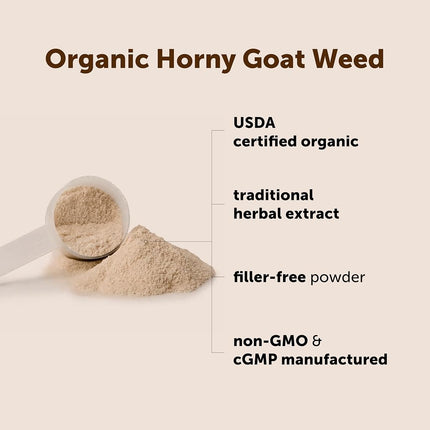 Maximum Strength Organic Horny Goat Weed for Men and Women (Epimedium Supplement 100 Grams), Powerfully Supports Energy, Libido and Stamina, Water Soluble for Best Absorption and Vegan Friendly.