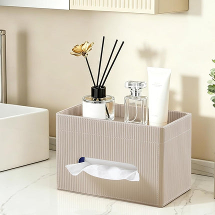 Cretkhp Rectangular Tissue Box Cover with Storage Tray, PU Leather Tissue Box Holder for Bathroom Vanity Countertop Night Stands Bedroom Office Desk, Stylish Tissue Holder Decorative Organizer (Beige)