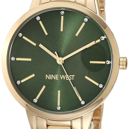 Nine West Women's Crystal Accented Bracelet Watch,Green/Gold