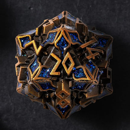 Metal Dice for DND - Spire Sanctum Series (Antique Gold Blue Glitter)