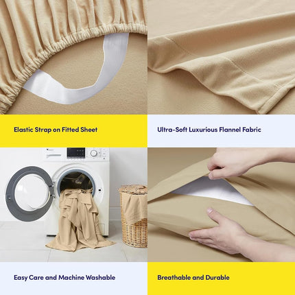 Sweet Home Collection Flannel Sheets Warm and Cozy Deep Pocket Breathable All Season Bedding Set with Fitted, Flat and Pillowcases, Twin, Beige