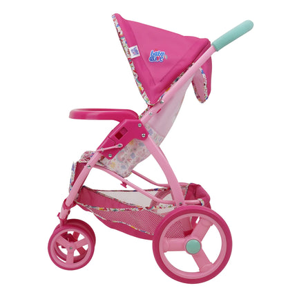 Baby Alive: Cochecito para muñecas – Rosa y arcoíris – Se adapta a muñecas de hasta 61 cm, capota retráctil, barra de seguridad delantera, ruedas giratorias, arnés de seguridad, juego de imitación para niños a partir de 3 años