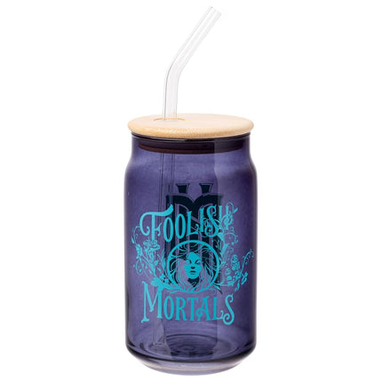 Silver Buffalo Disney Haunted Mansion “Foolish Mortals” Featuring Madame Leota Glass Jar Tumbler with Bamboo Lid and Glass Straw, 16 Ounces