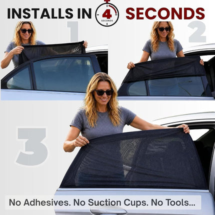 XL/Car Side Window Shades for SUV. 8 Sizes/2 Pack. Stretch-to-Fit Mesh for Rear Windows Up to H:20" x W:46". Sun, Heat & Bugs Protection, Blocks 96% UVA. Camping Windows Screens | Qualizzi®