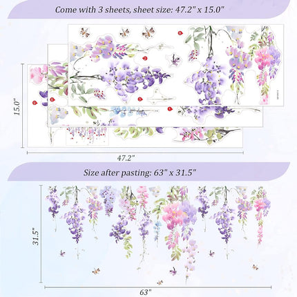 VePret Purple Flowers Wall Decals Peel and Stick, Large Hanging Floral Leaf Vinyl Wall Stickers, Removable Vine Home Decor Art for Bedroom Living Room Classroom Office